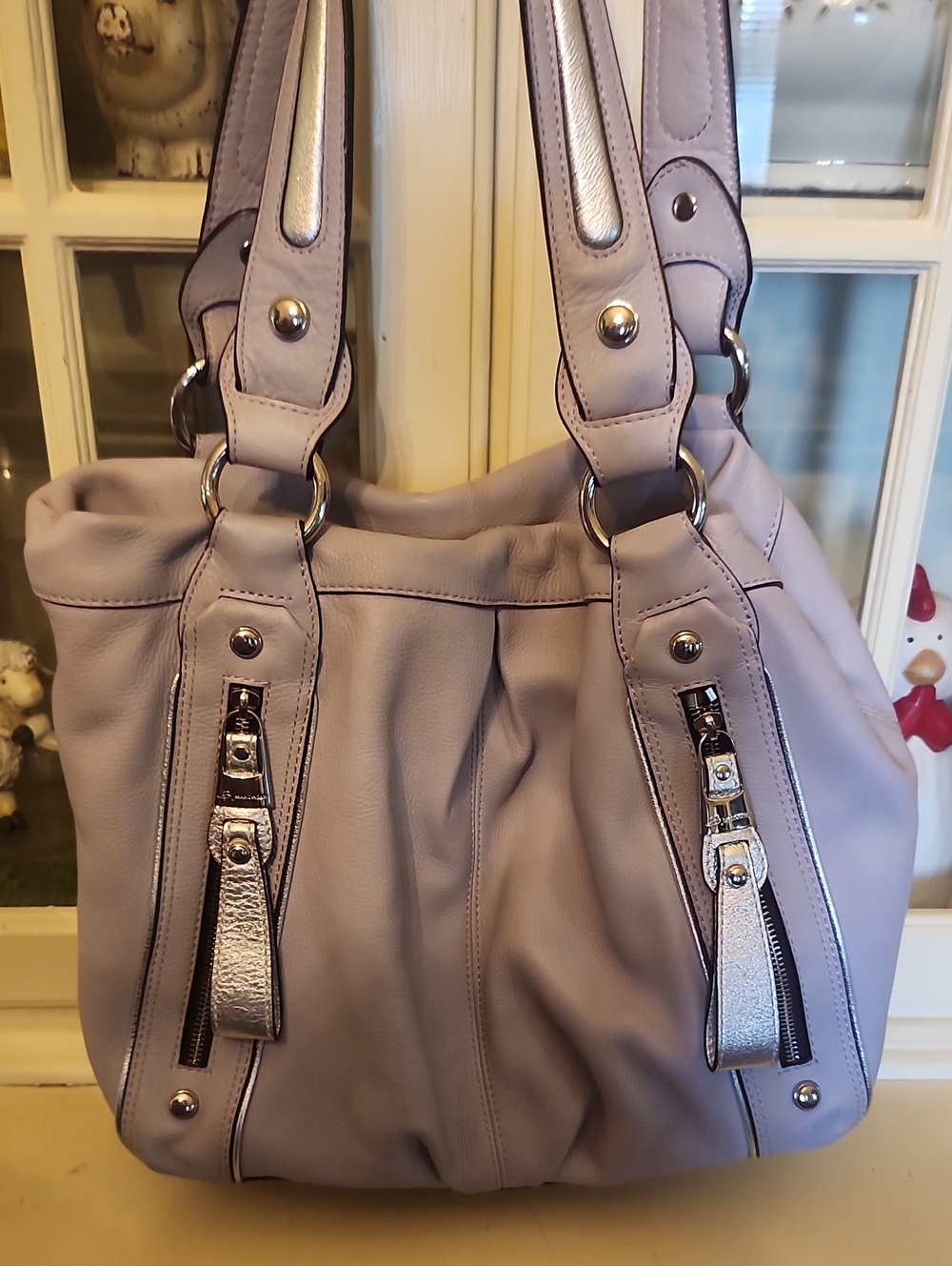 b. makowsky Lavender Leather Shoulder Tote with Silver Hardware